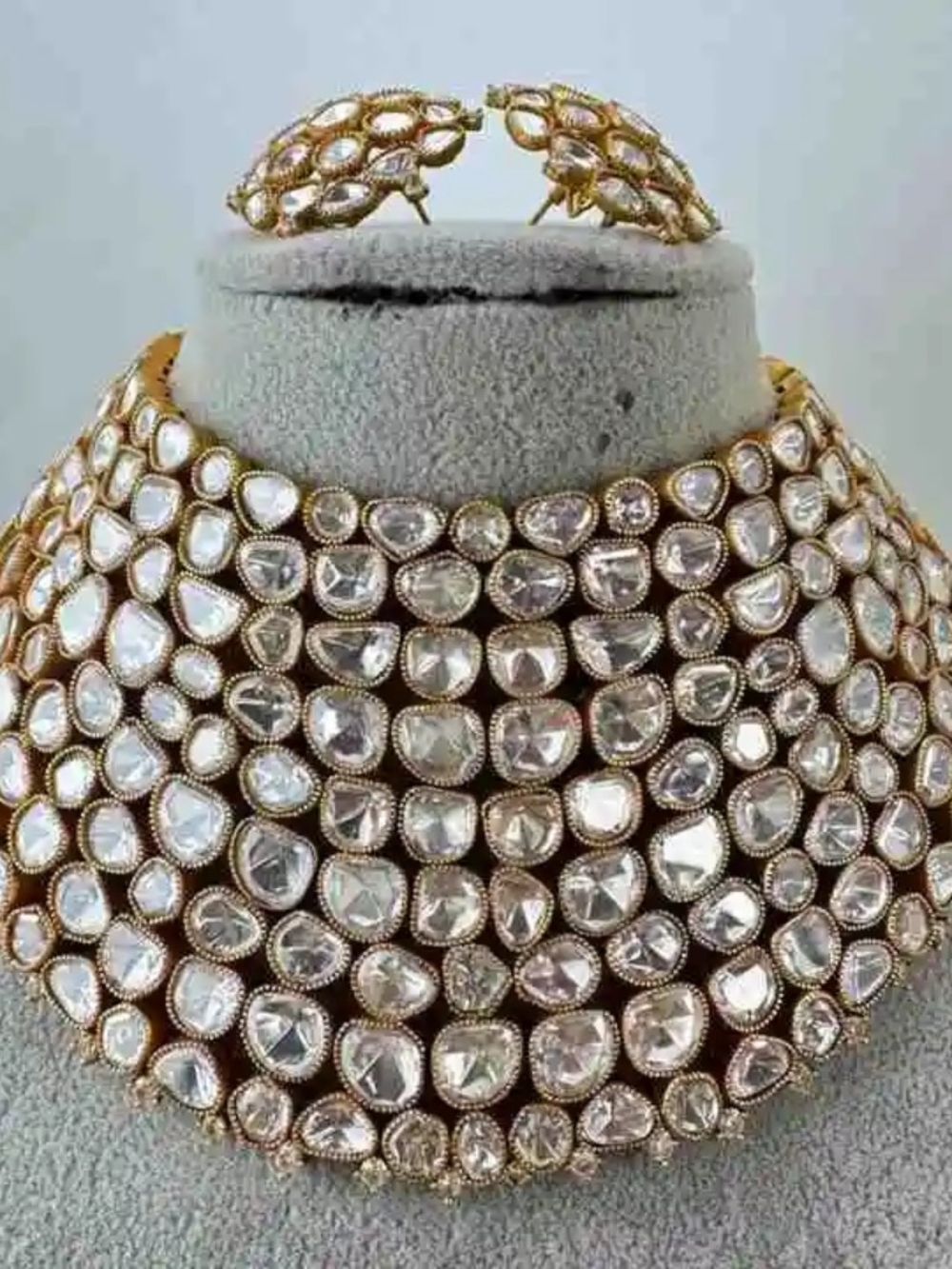 Gold Kundan Choker Necklace with Clear Cz Stones With Matching Studs